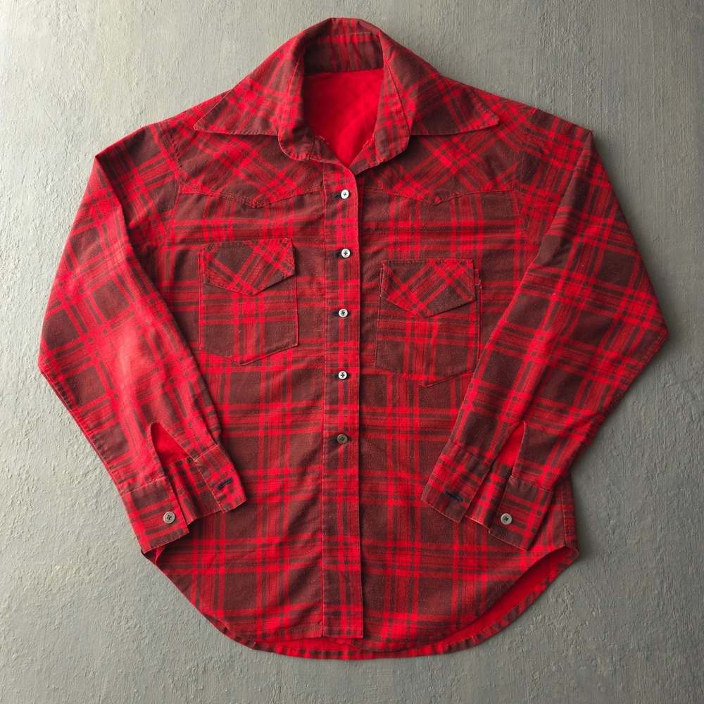 Vintage 70s Red Plaid Flannel Shirt L Handmade Cotton Canada